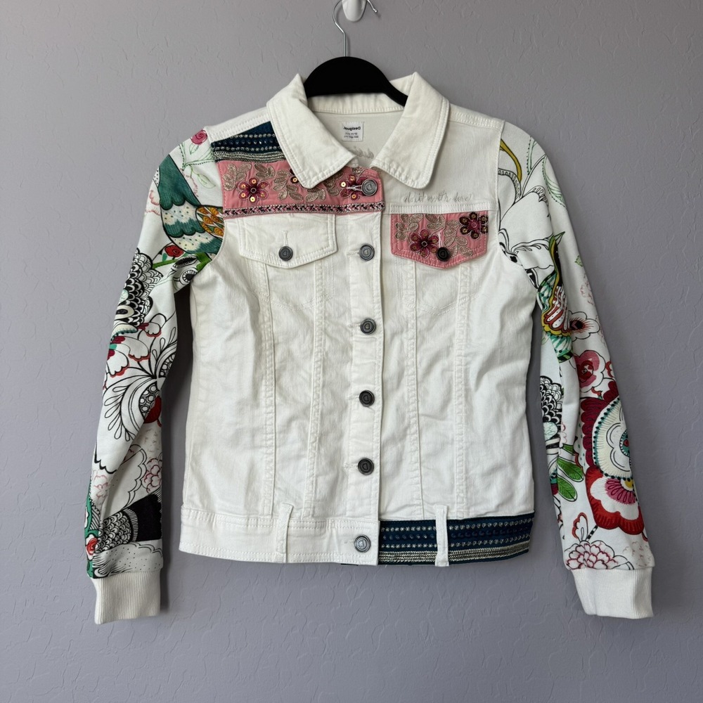 Desigual 11/12 Denim Jacket White Long Sleeve Floral Bird Embroidered Sequin